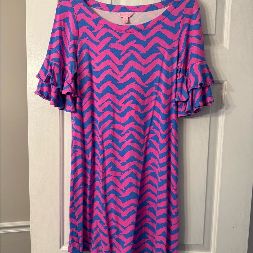 Pink and Blue Chevron Dress with Ruffle Sleeves
